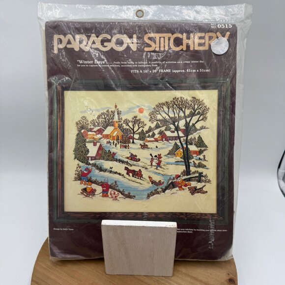 WINTER DAYS Vintage Crewel Embroidery Kit Snowman Sleds Church Adele Veres New o - Picture 1 of 16